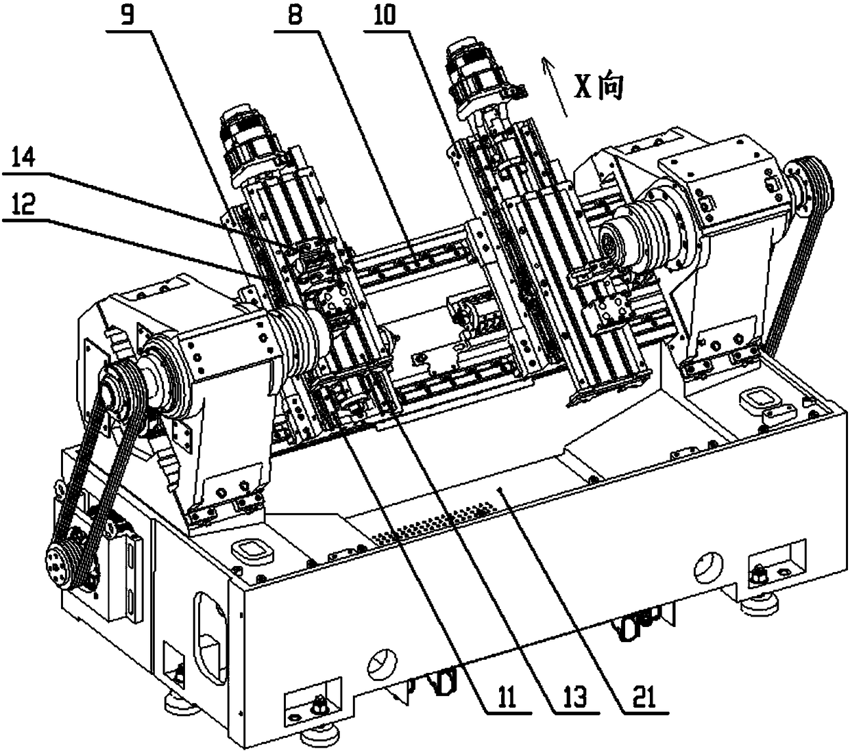 A CNC lathe with inclined bed, double spindles, double rows of cutters and automatic loading and unloading inside the machine