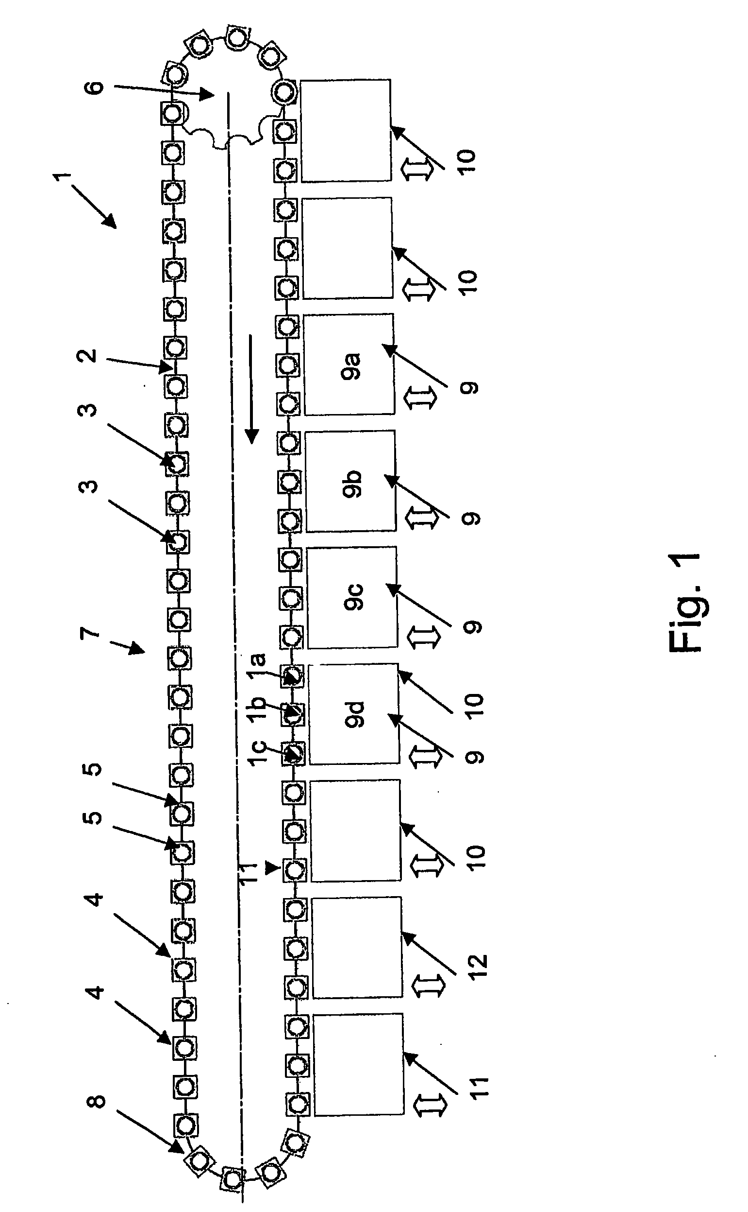 Modular linear printing press for printing hollow articles by means of different printing processes