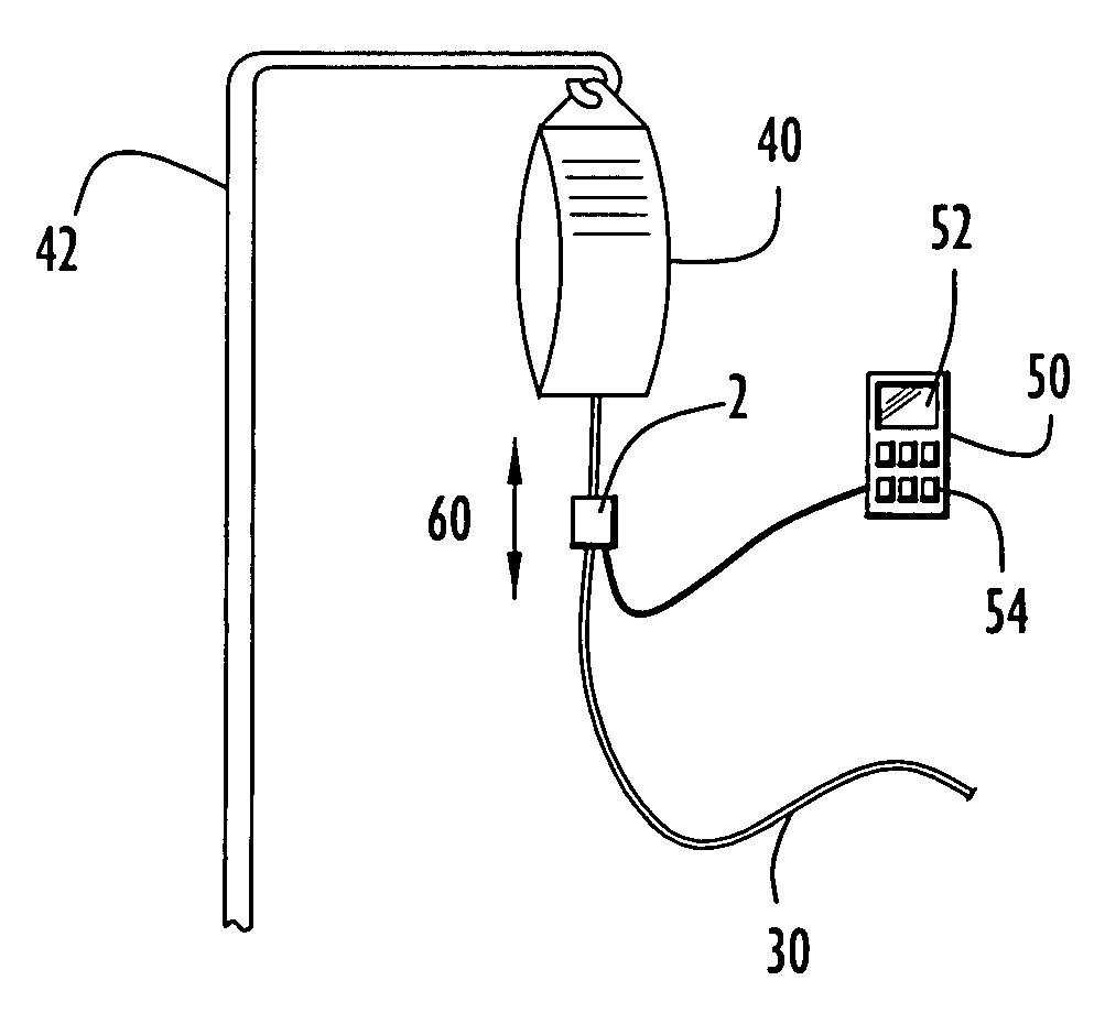 Temperature sensing device for selectively measuring temperature at desired locations along an intravenous fluid line