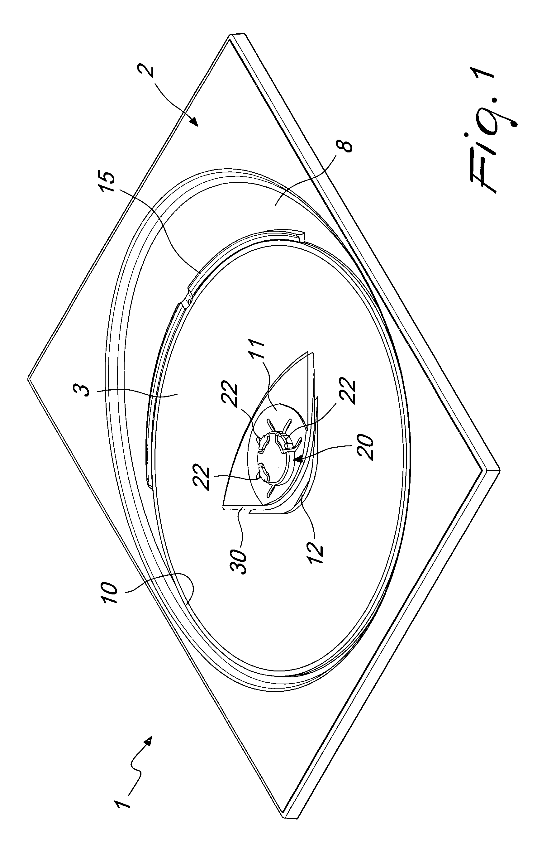 Container for a disc and the like, with means for disengageable retention of the disc