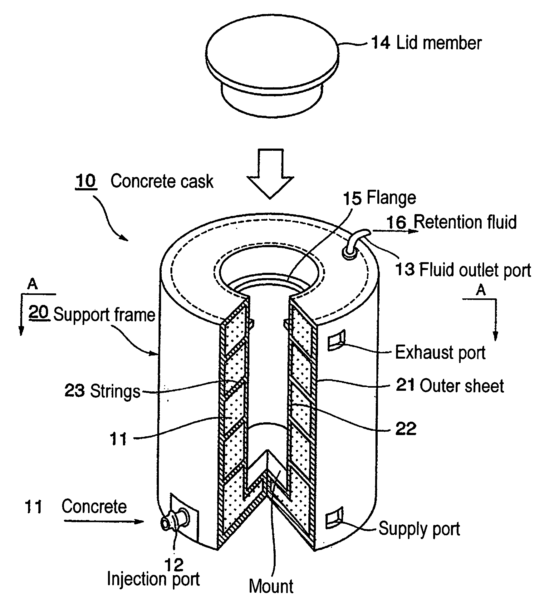 Fiber-reinforced concrete cask, supporting frame for molding thereof and process for produicng the concrete cask