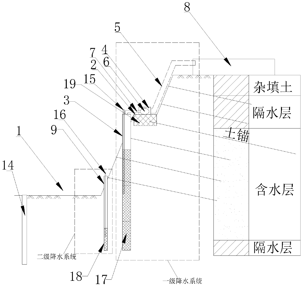 Deep multistage dynamic foundation pit precipitation system and precipitation method thereof