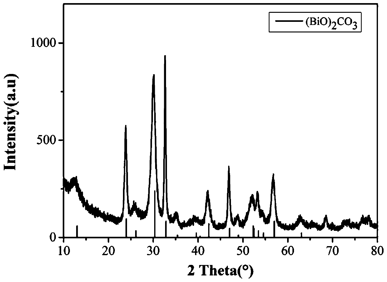 Preparation method of earthy yellow (BiO)2CO3 multistage structure microsphere