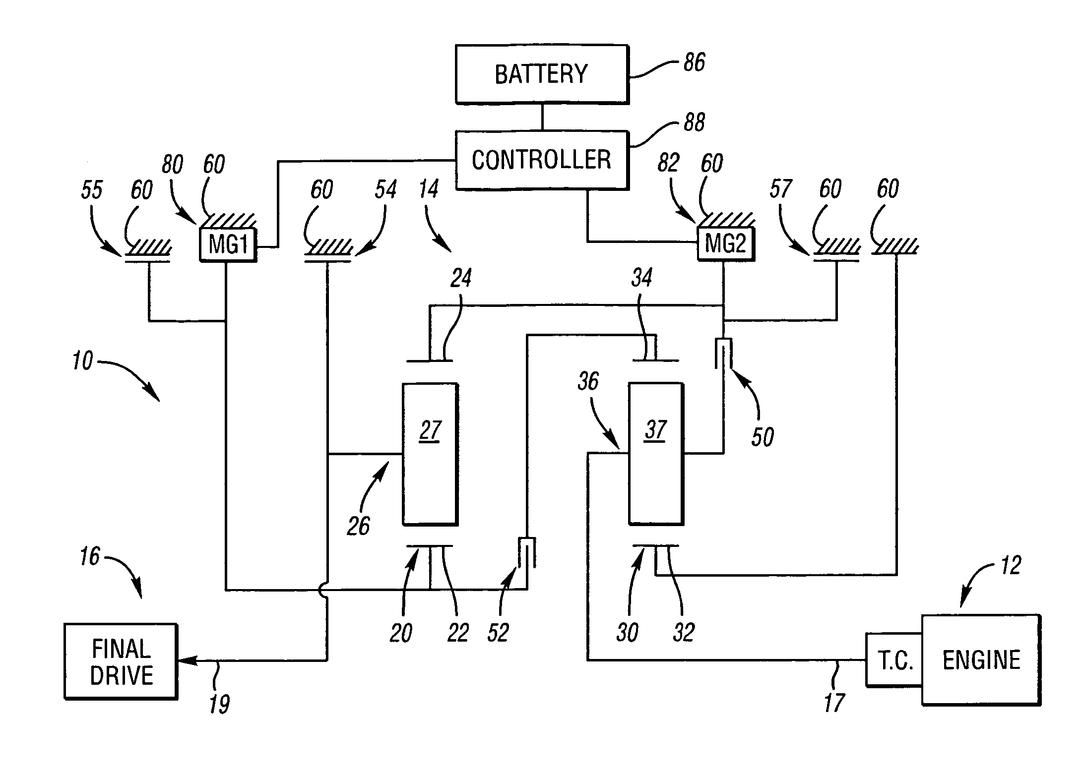 Electrically variable transmission having two planetary gear sets with one stationary member