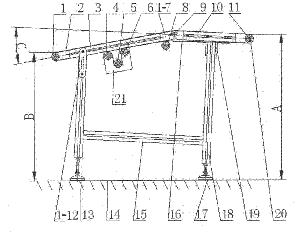 Conveying device for adjusting height of inlet through changing of angle