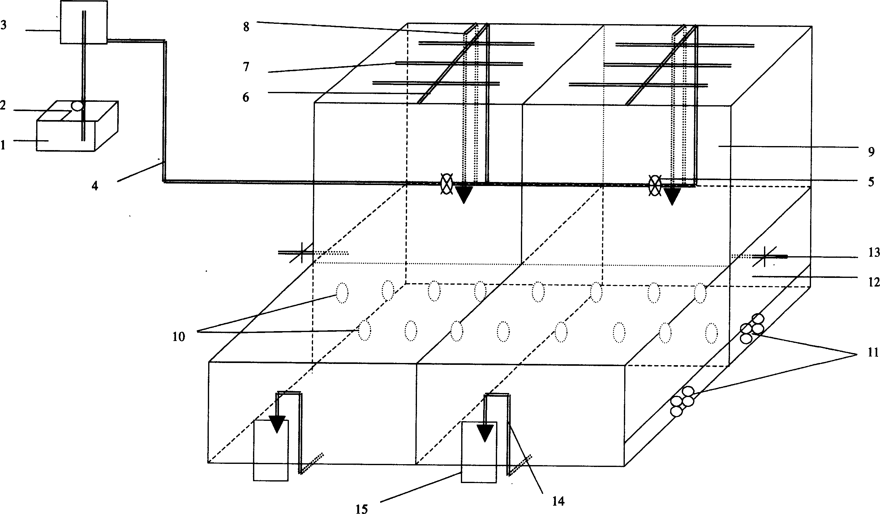 Vertical current and horizontal current integrated composite artificial wetland treatment method for treating urban sewage