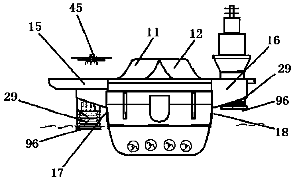 Aircraft carriers, warships, submarines and offshore platforms with efficient load-eliminating swing-stopping capsizing-resisting correction devices