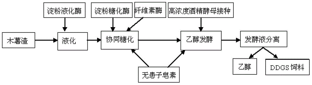 Method for preparing ethanol with manioc wastes as raw materials through synergic saccharification fermentation