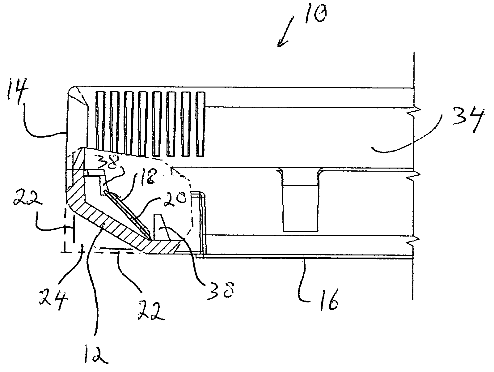 Cartridge with slanted memory chip and conforming wall