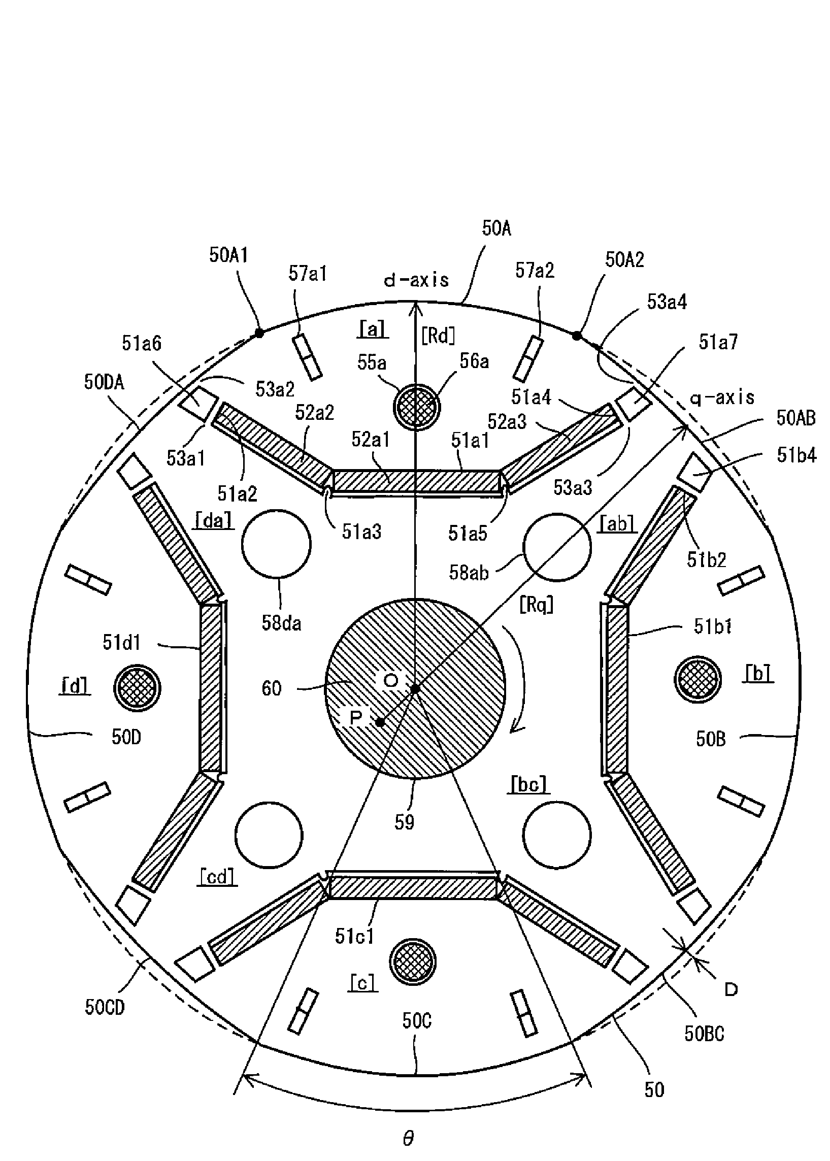 Interior permanent magnet electric motor including a rotor having circumferential surface portions with defined curve profiles