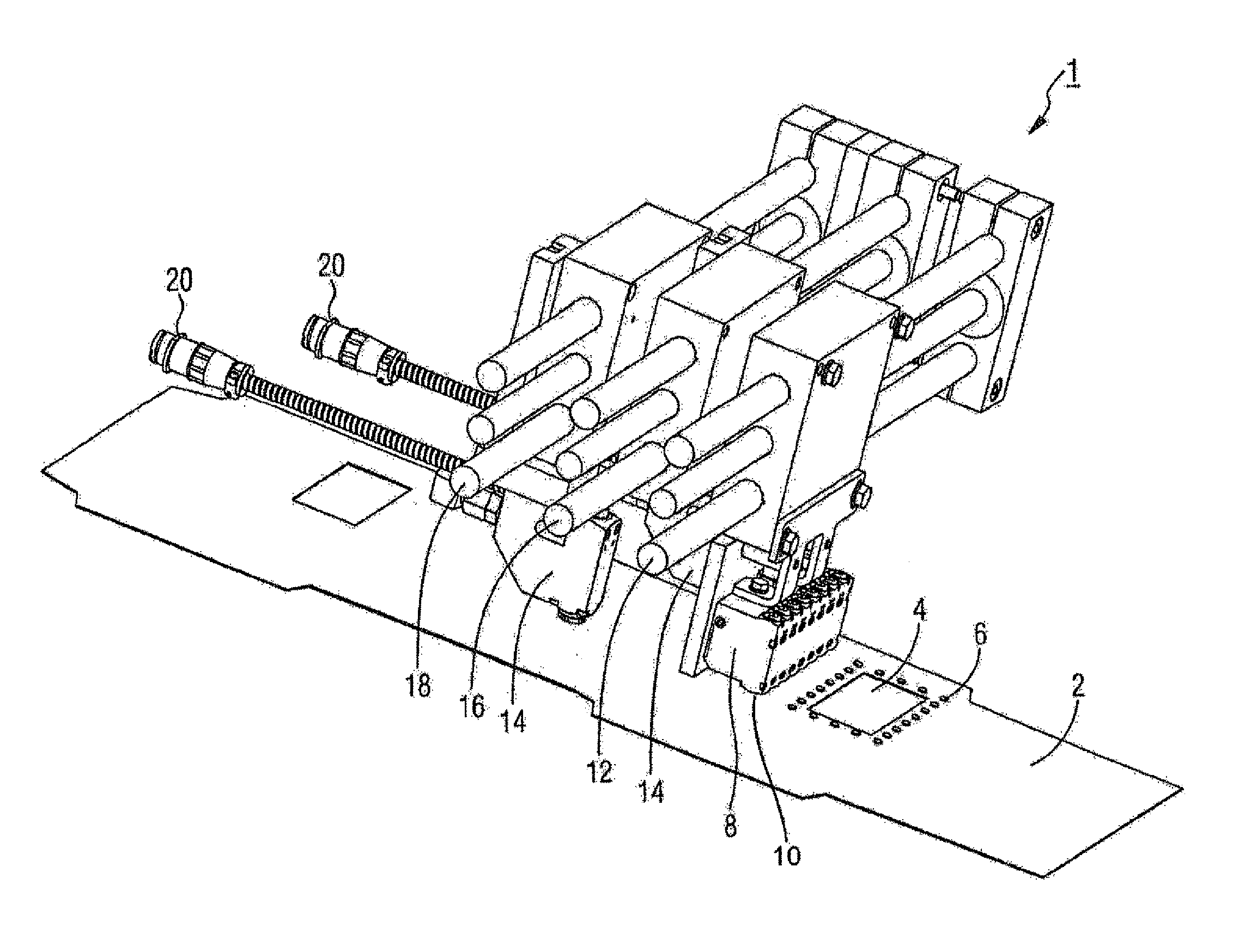 Device for applying adhesive to a material