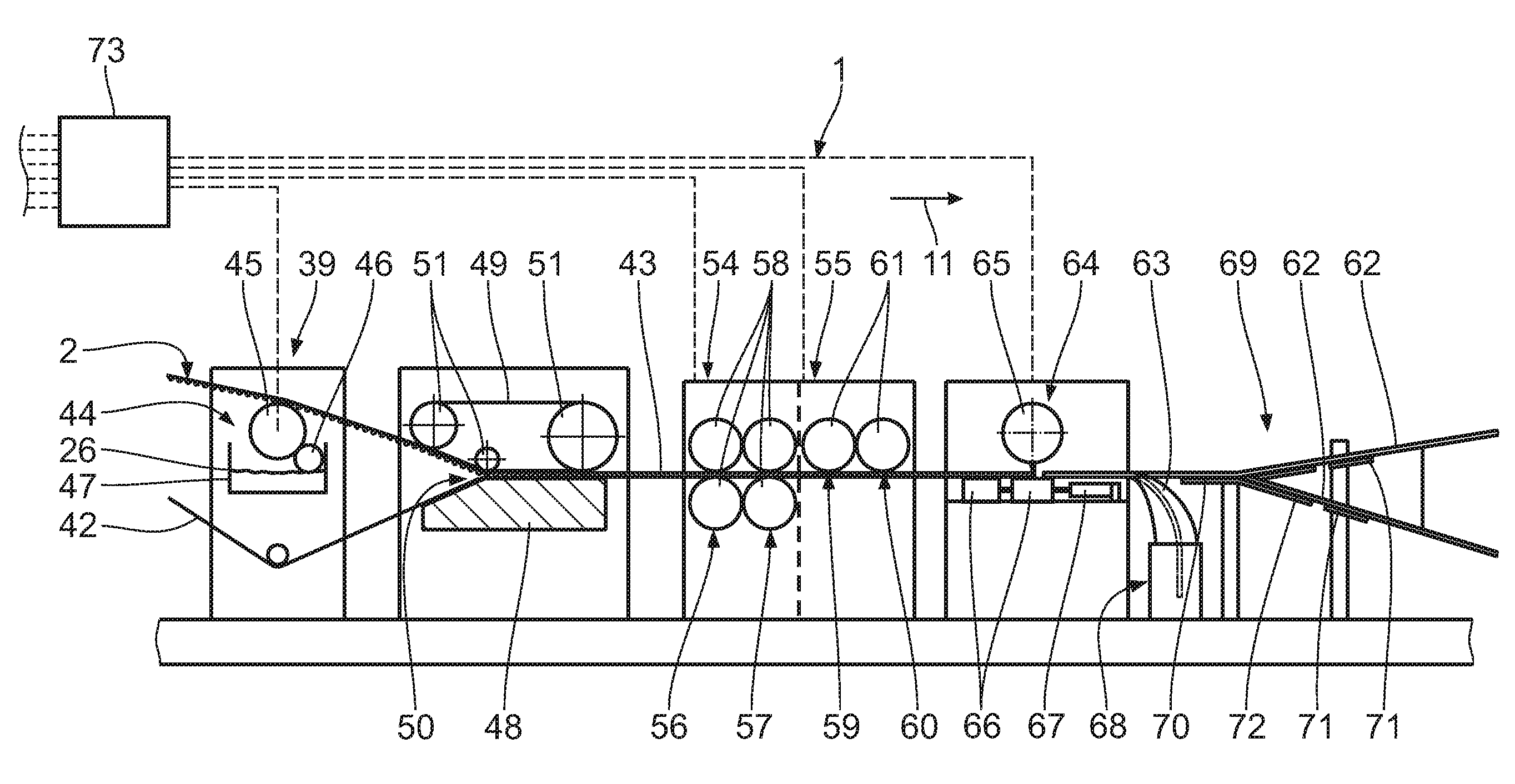 Corrugated cardboard machine and method of producing an endless web of corrugated cardboard