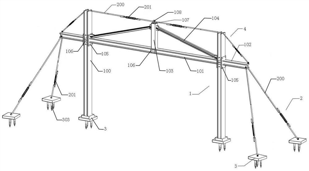 A fully assembled prestressed frame cable system composite structure