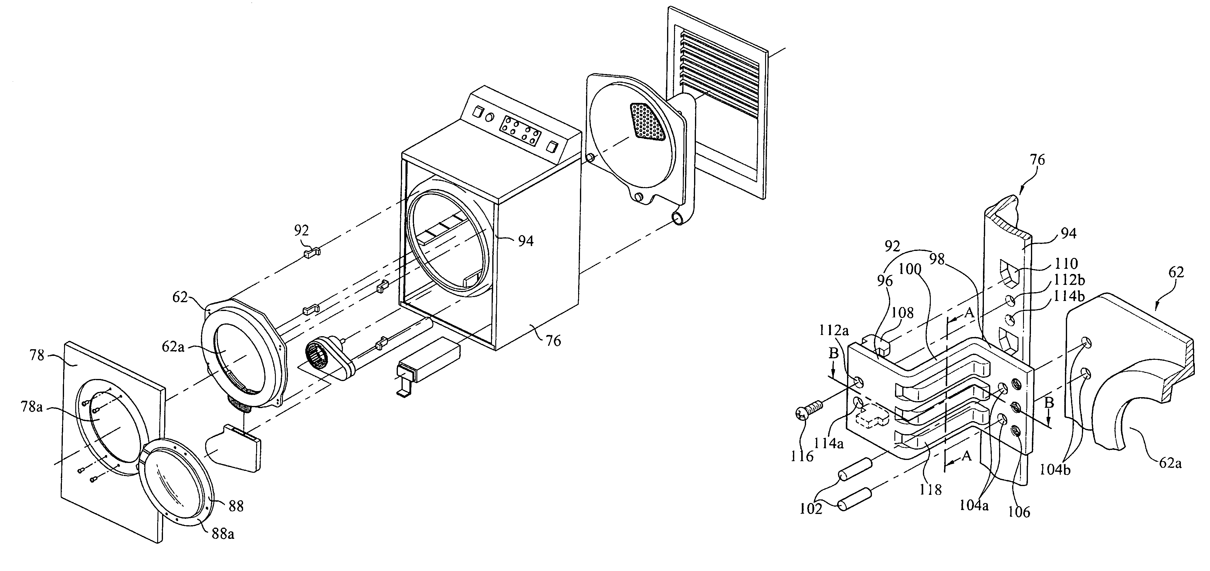 Drying apparatus having front support mounting assembly