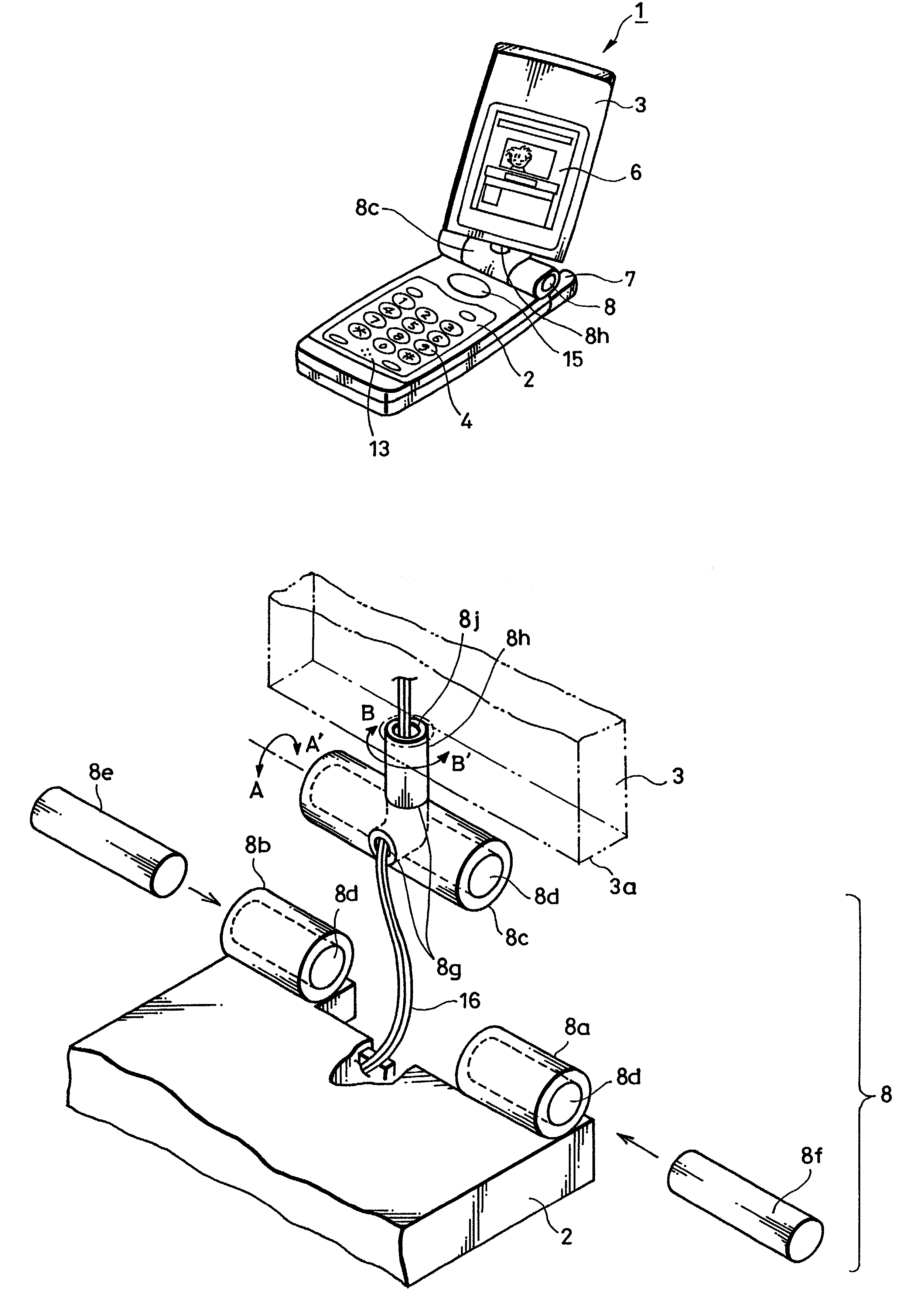 Telephone and camera with a bidirectionally rotatable lid having a display mounted thereon