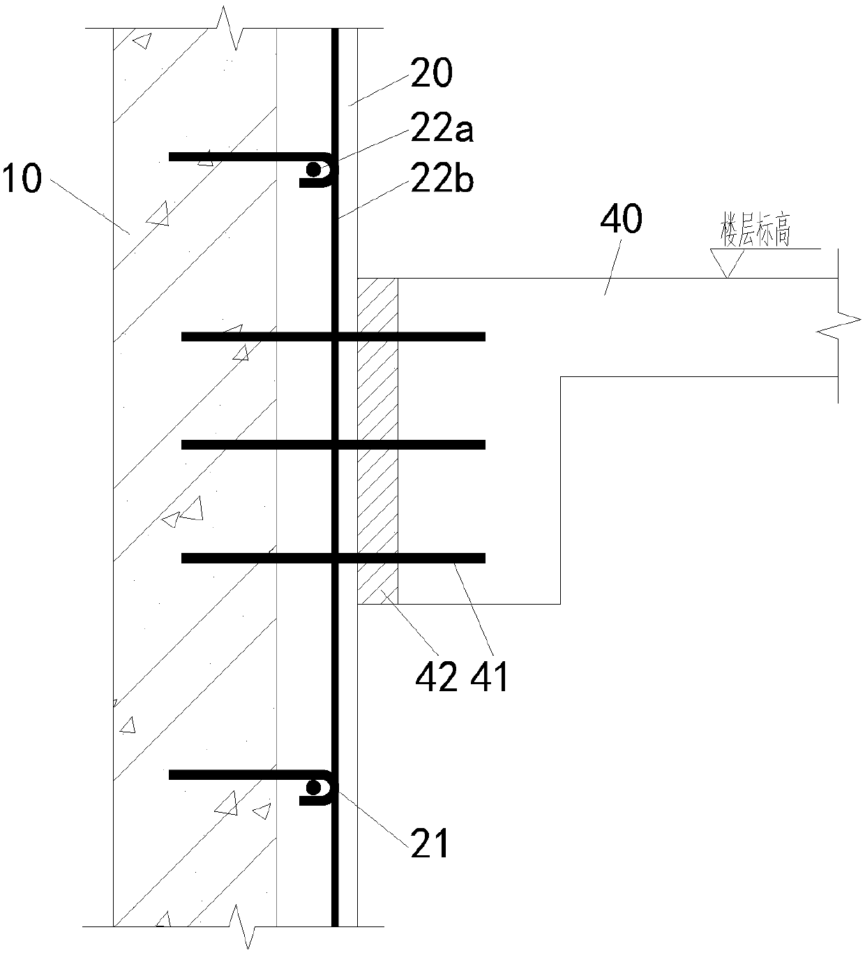 Connecting structure of reserved external wall and newly-constructed reinforced concrete horizontal component and construction method of connecting structure