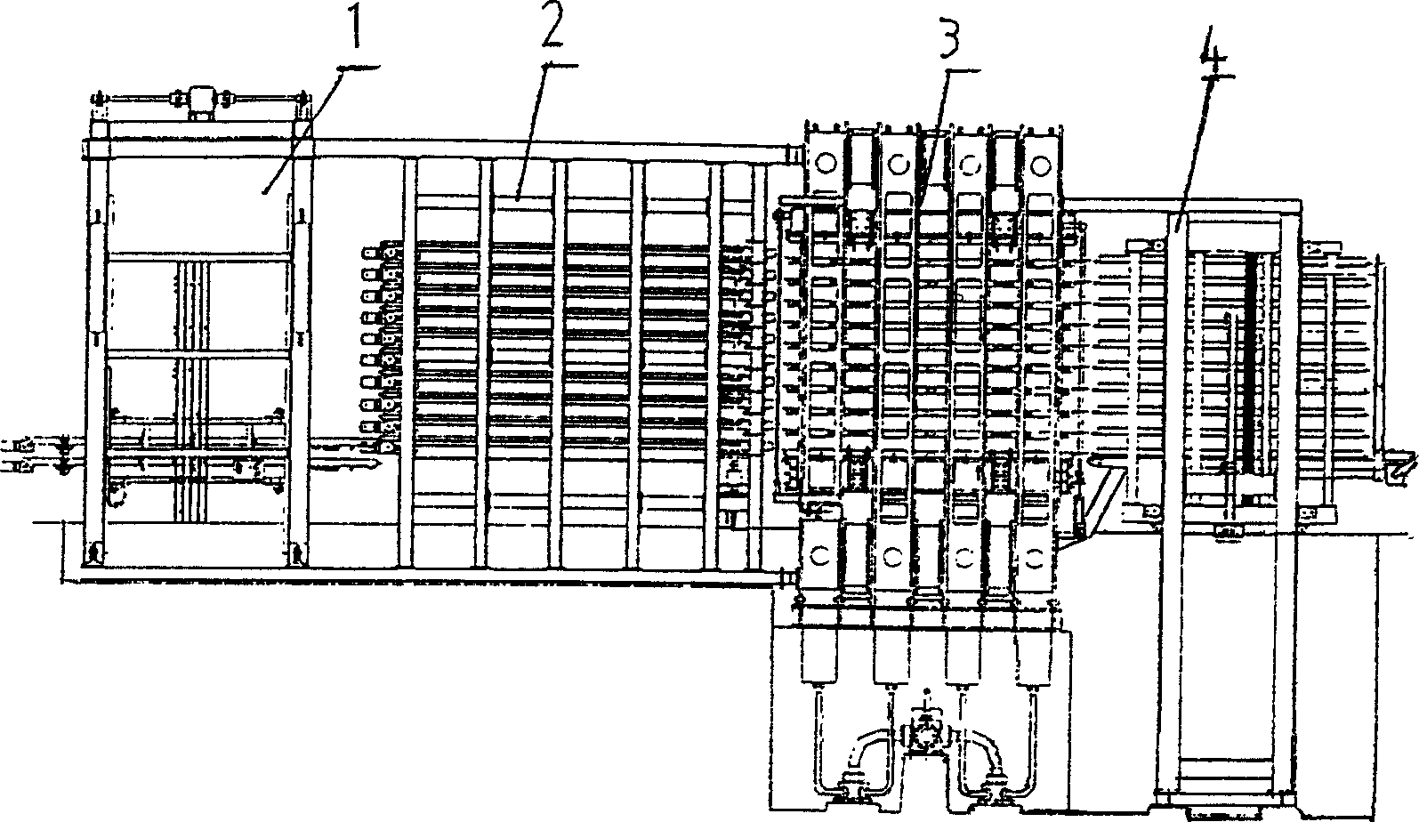 Method of artificial board production line thermopress loading and unloading and machine set