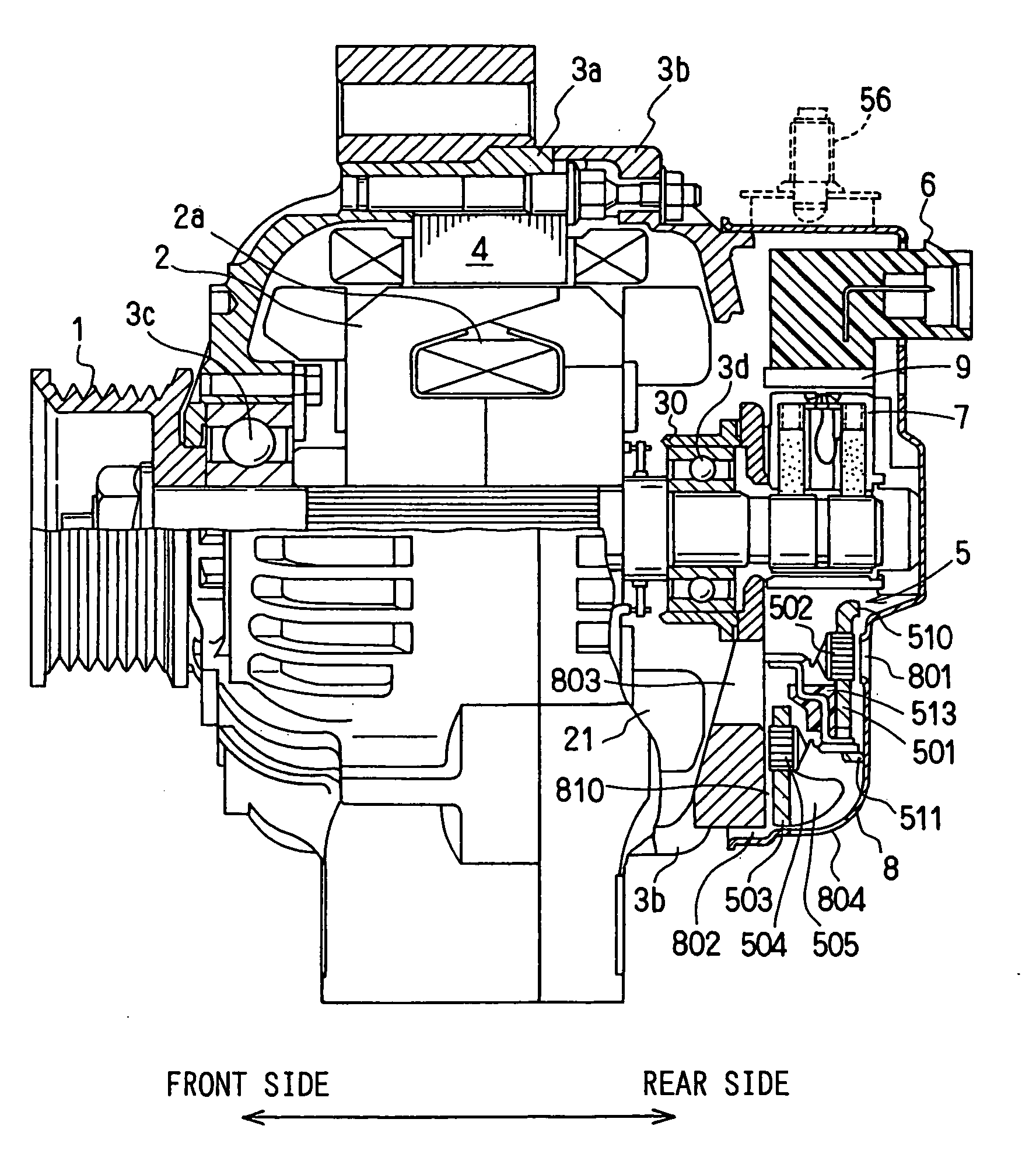 Automotive alternator having rectifier mounted on heatsink plate with cooling fins