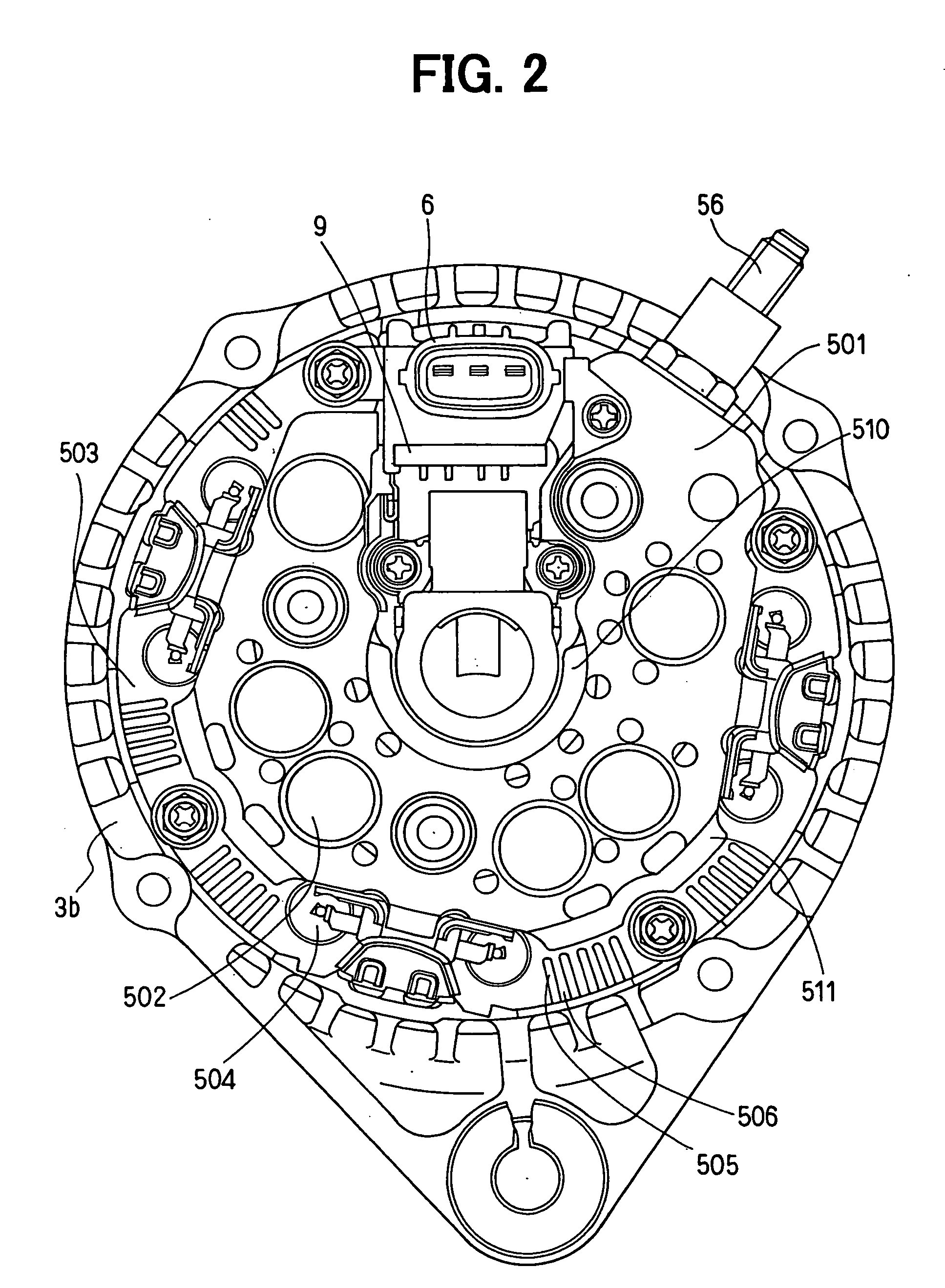 Automotive alternator having rectifier mounted on heatsink plate with cooling fins