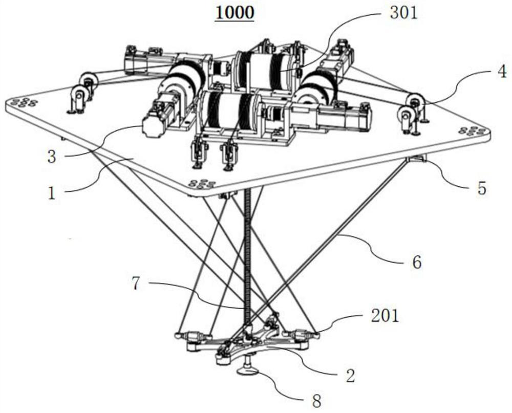 Rope-driven parallel robot with three-dimensional translation and one-dimensional rotation