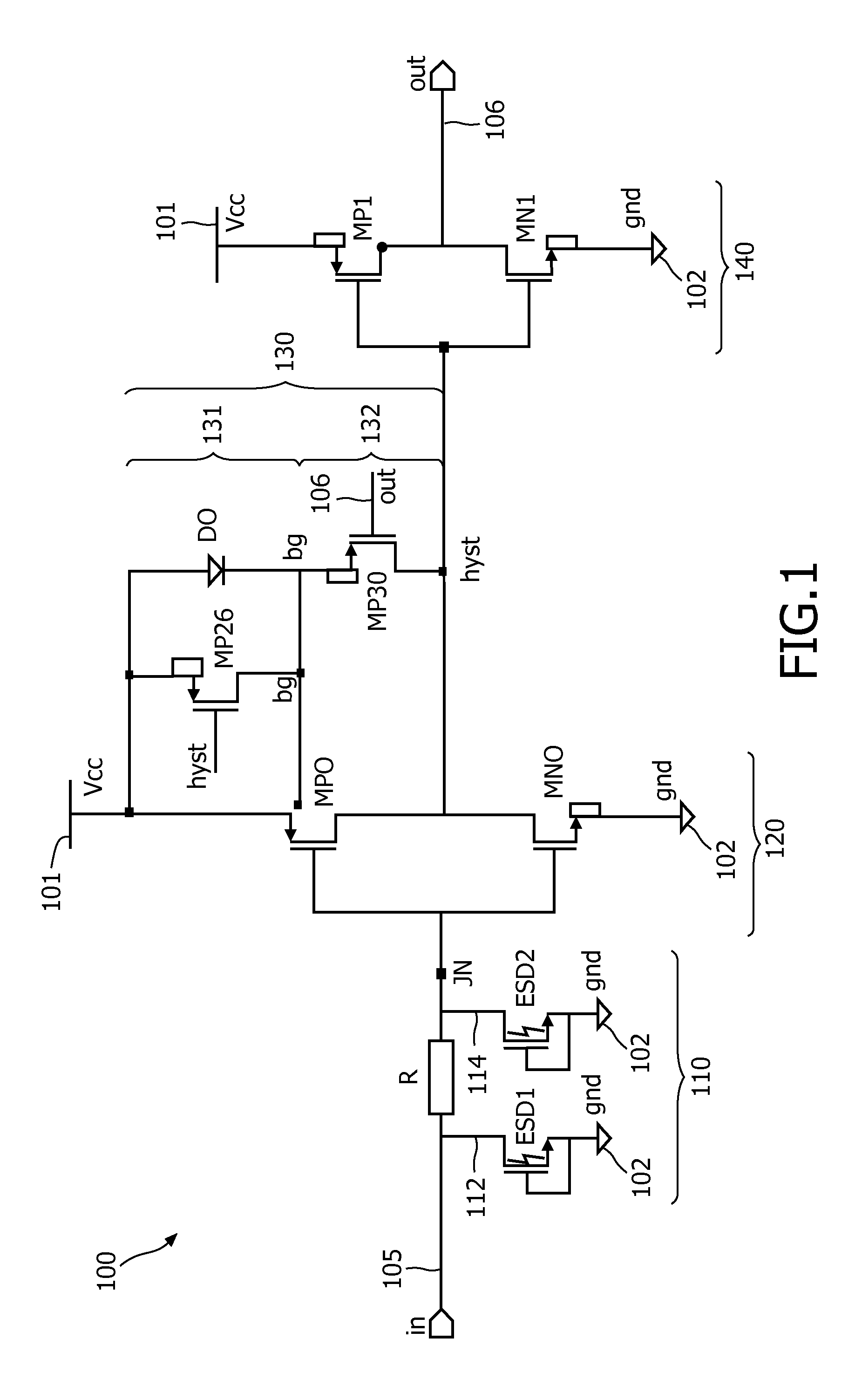 Transformation of an input signal into a logical output voltage level with a hysteresis behavior