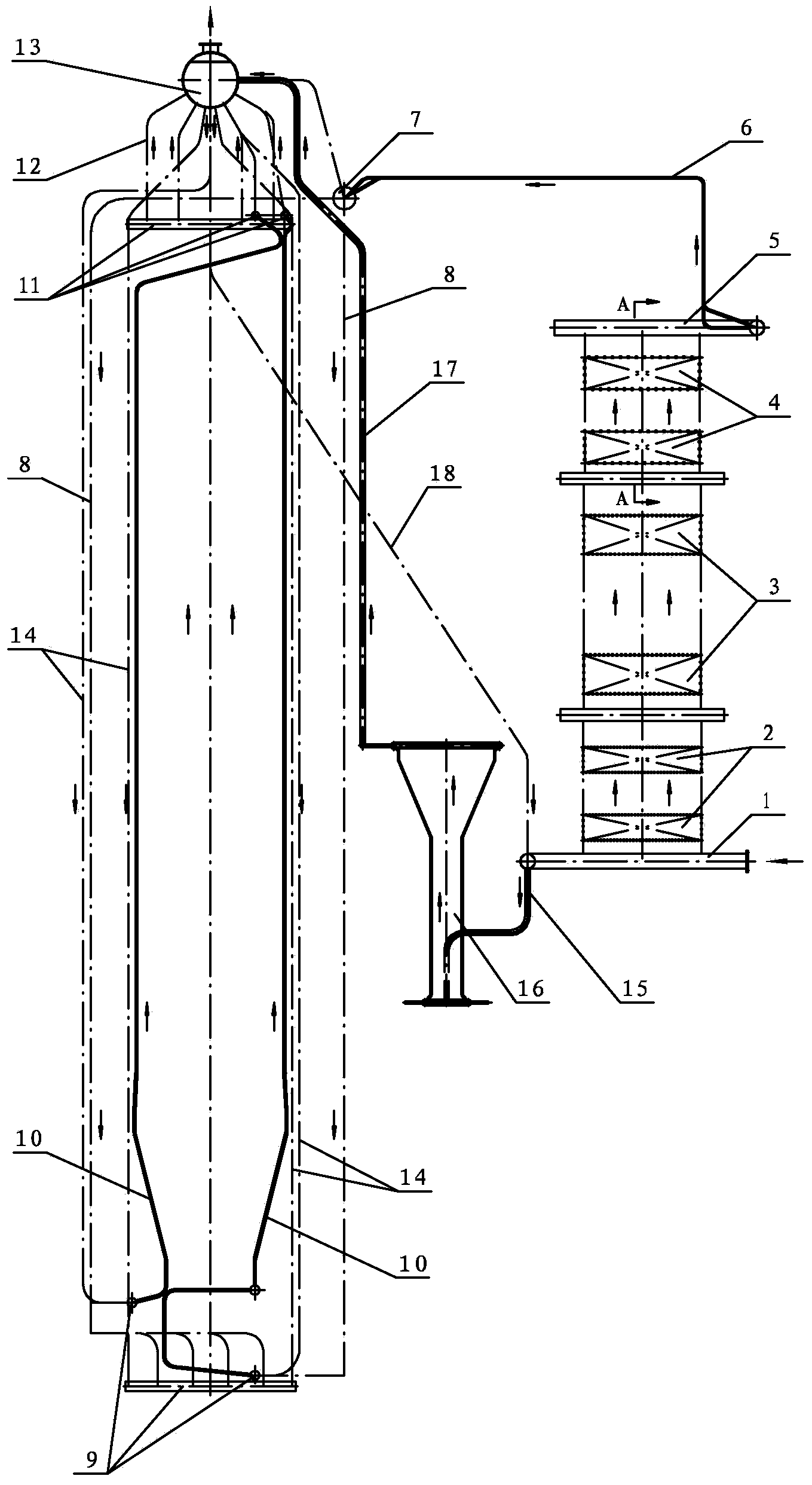 Forced water circulation high-capacity hot water boiler of circulating fluidized bed