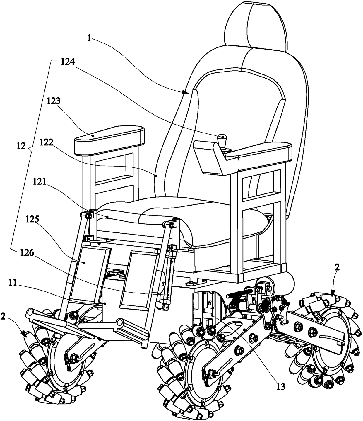 Height-adjustable all-round wheelchair with shock absorption