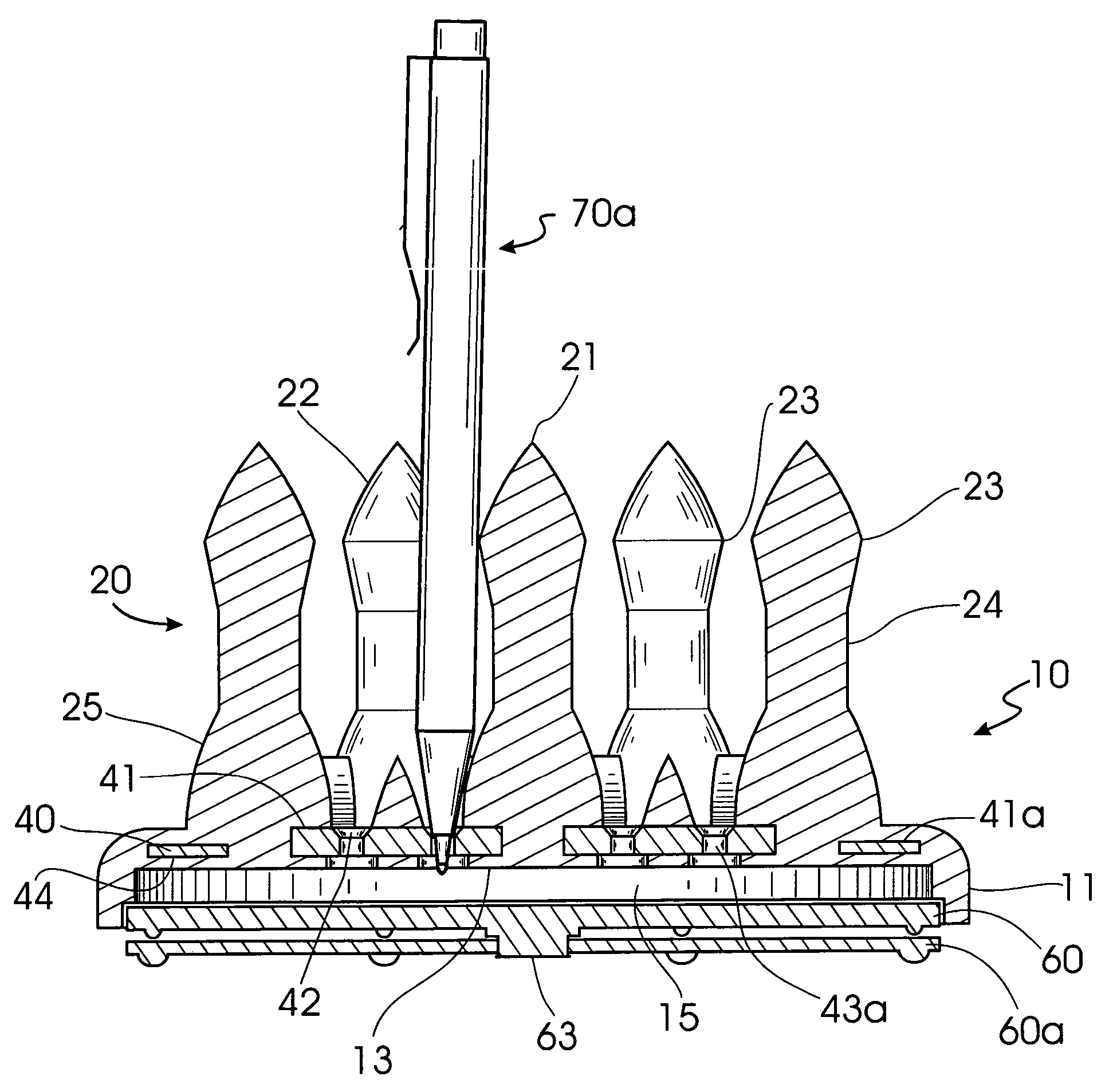 Bulbous pin implement holder and tip protector for various sized implements