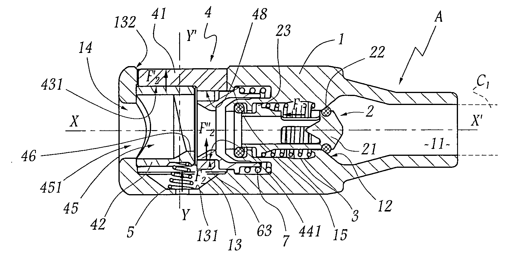 Quick connection and method for uncoupling the male and female elements of such a connection