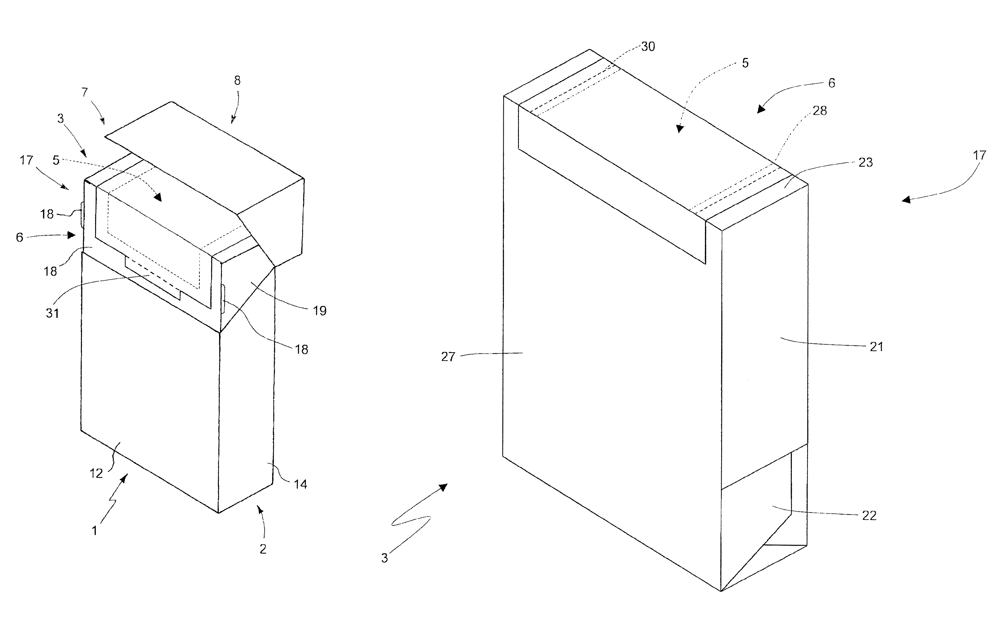 Rigid hinged-lid package and relative packing method and machine