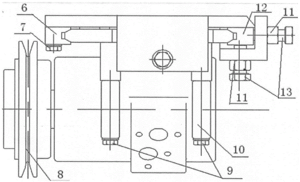 An air-conditioning compressor fixing and driving belt tensioning device for an excavator