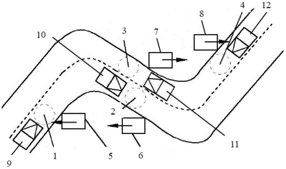 Mountain area continuous curve downhill double lane road section driving safety prompting device