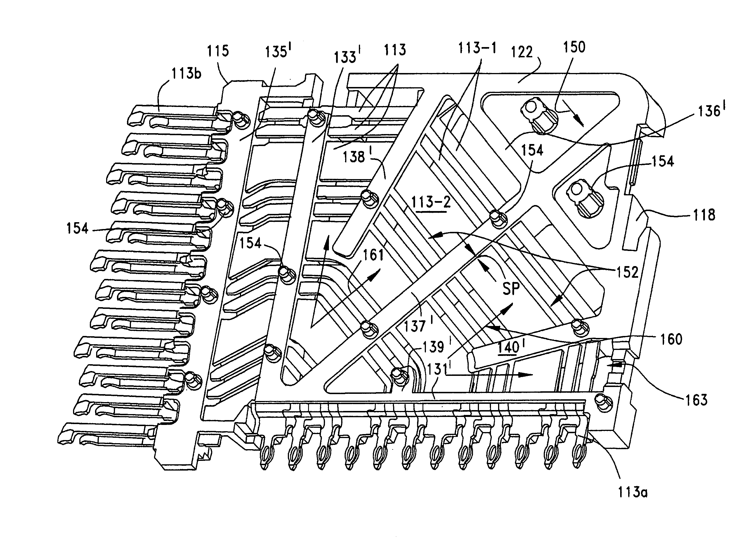 High speed connector with spoked mounting frame