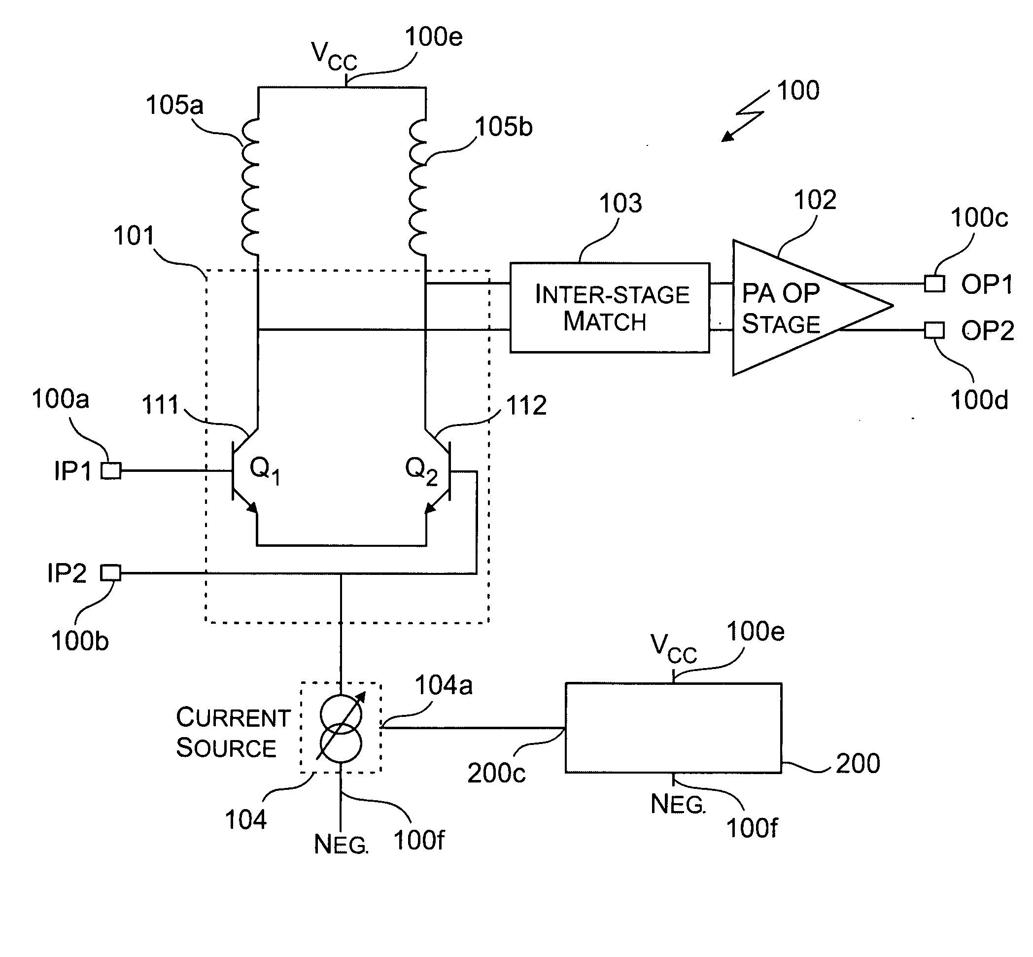 Power level controlling of first amplification stage for an integrated RF power amplifier