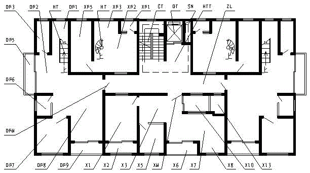 One-floor five-household residence