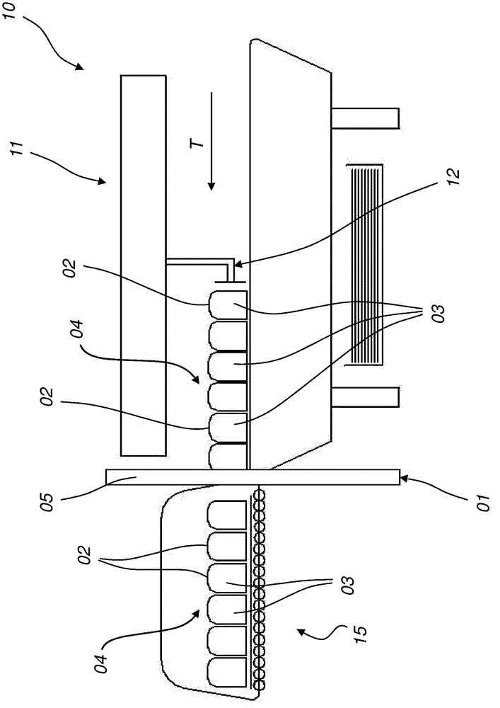 Device and method for applying an adhesive friction increasing material on an upper surface batch of a stack layer