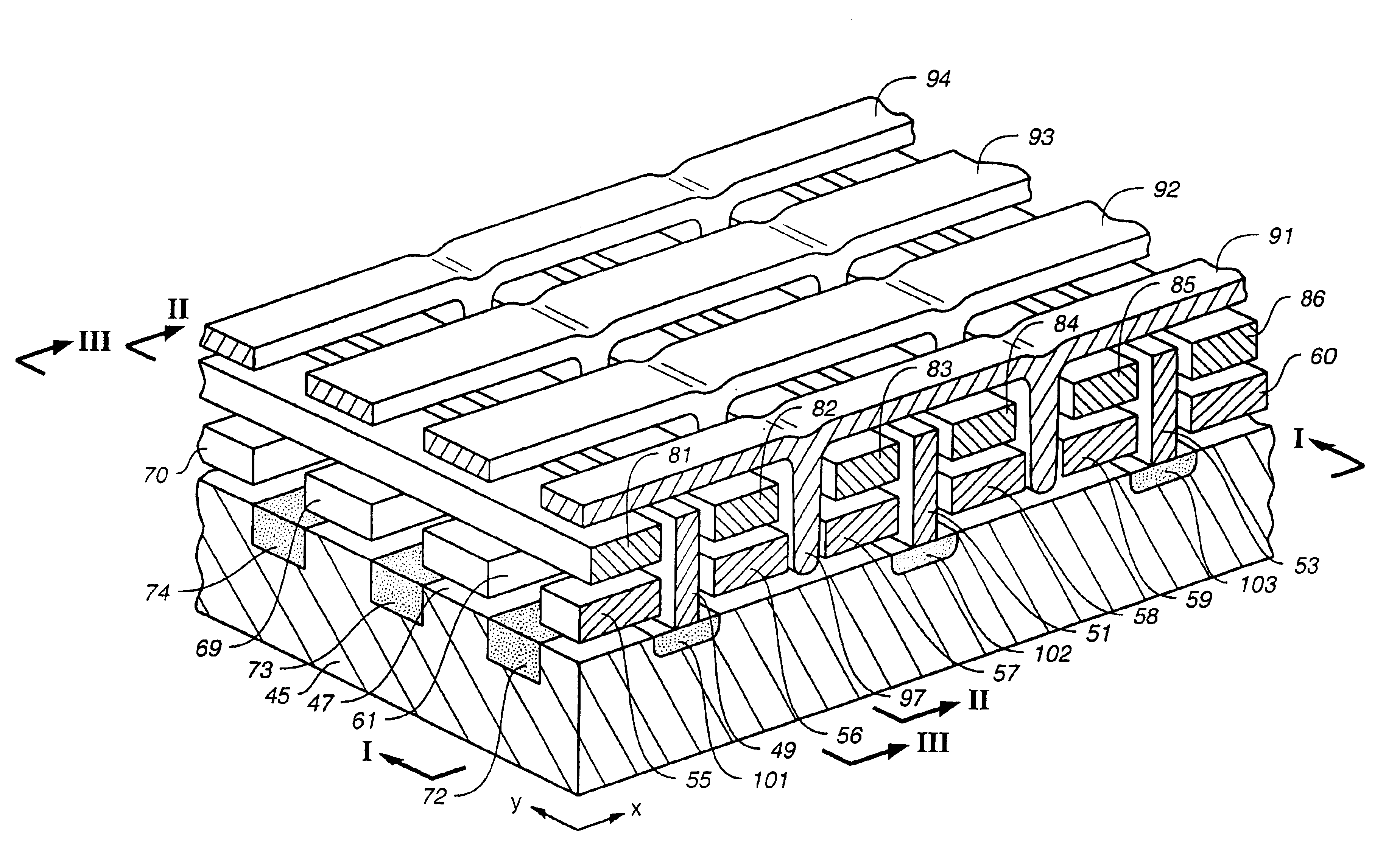 Non-volatile memory cell array having discontinuous source and drain diffusions contacted by continuous bit line conductors and methods of forming