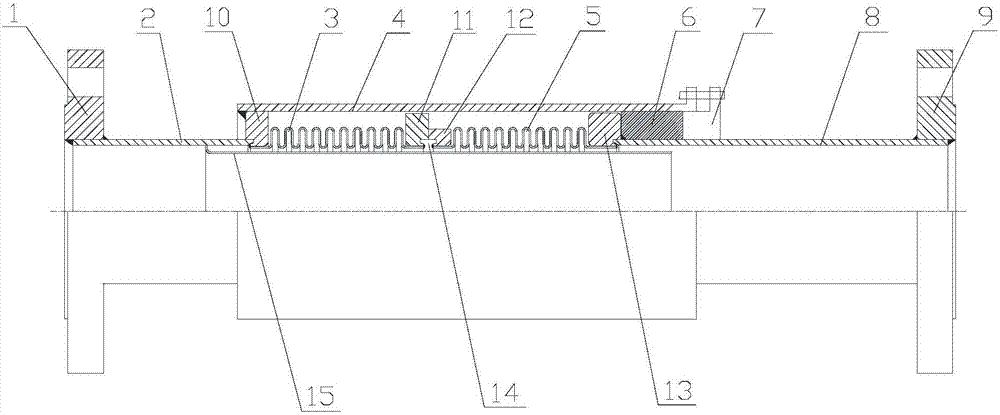 Internal pressure type sleeve compensator provided with composite external safety casing pipe