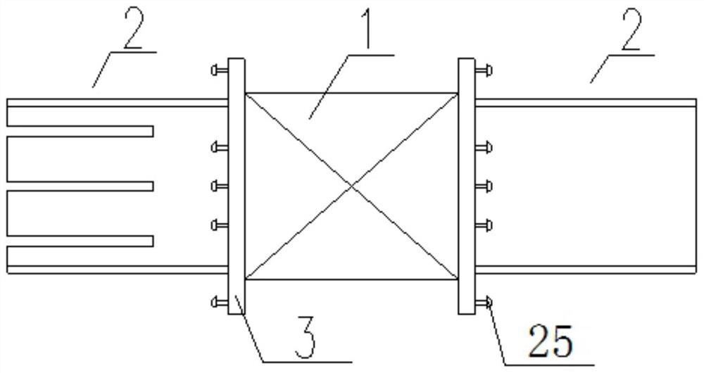 Metal main body energy-dissipating metal plate provided with restraining device and stiffening rib