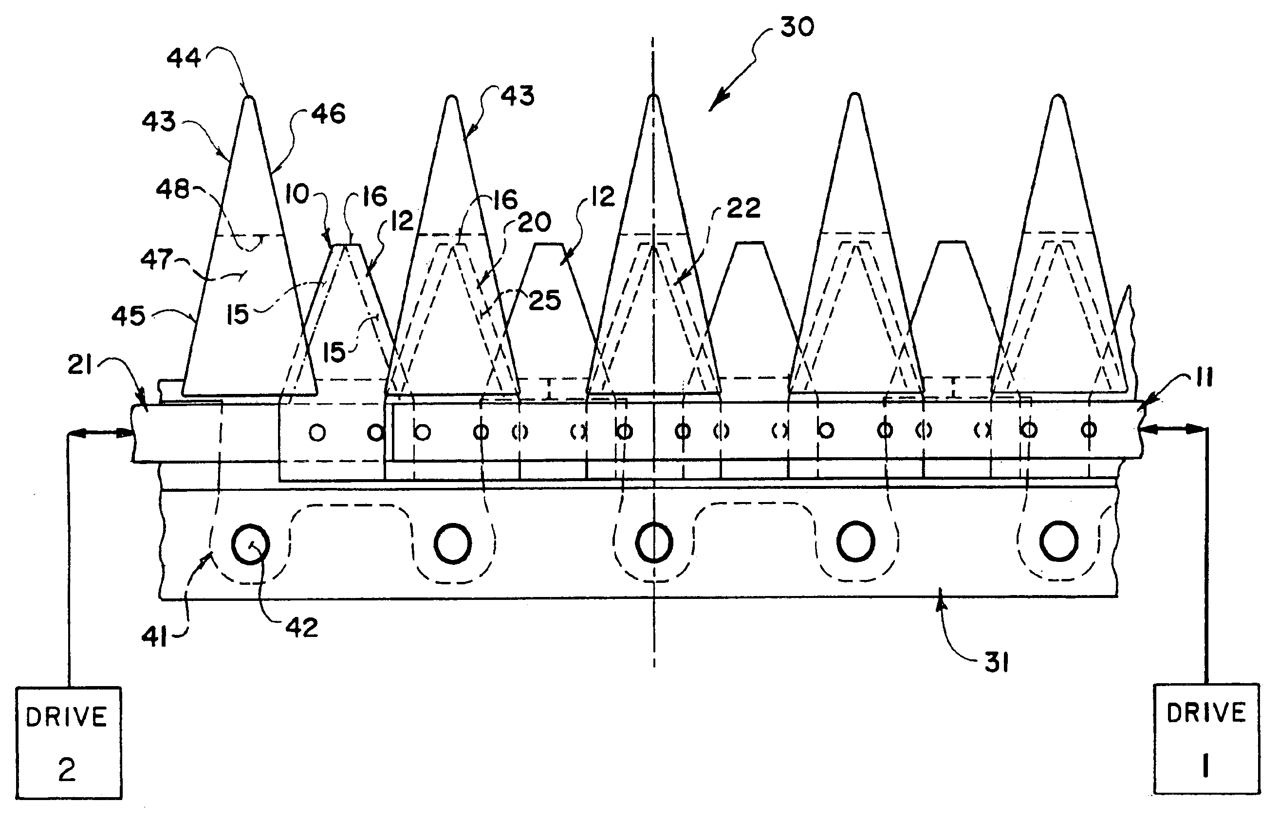 Sickle knife with double overlapping out of phase sickles