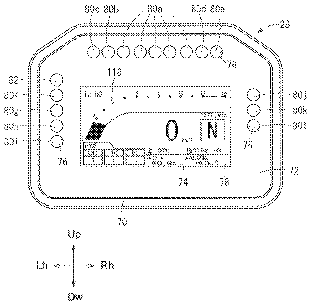 Liquid crystal display device comprising a warm-up configuration and a normal configuration, motorcycle including same, and method of using same