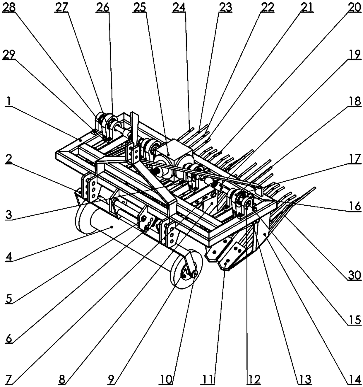 Double-row four-shovel oscillating type cassava excavator