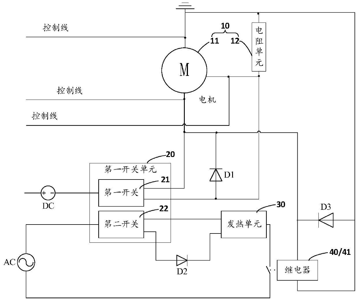 Motor-based control circuits, hair dryers and physiotherapy equipment