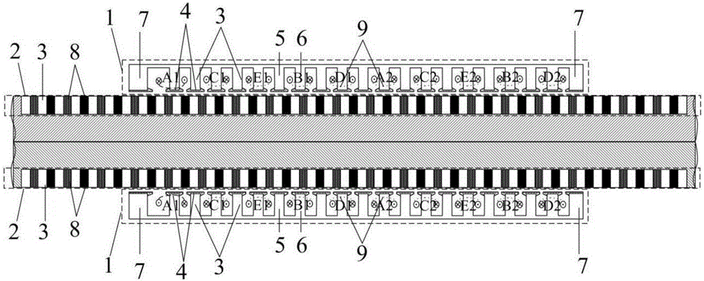 Five-phase permanent-magnet embedded fault-tolerant linear-motor adjacent two-phase fault-tolerant vector control method