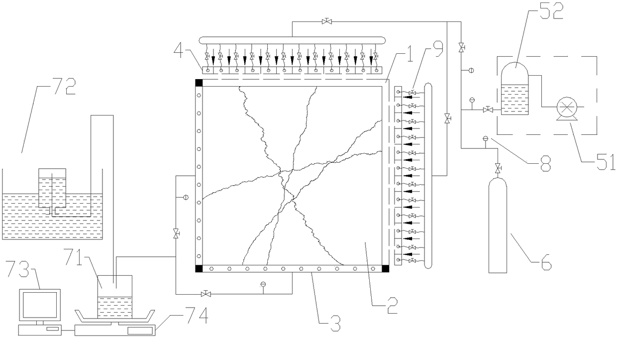 3D (Three-Dimensional) fractured network rock mass two-phase medium seepage test device under stress action