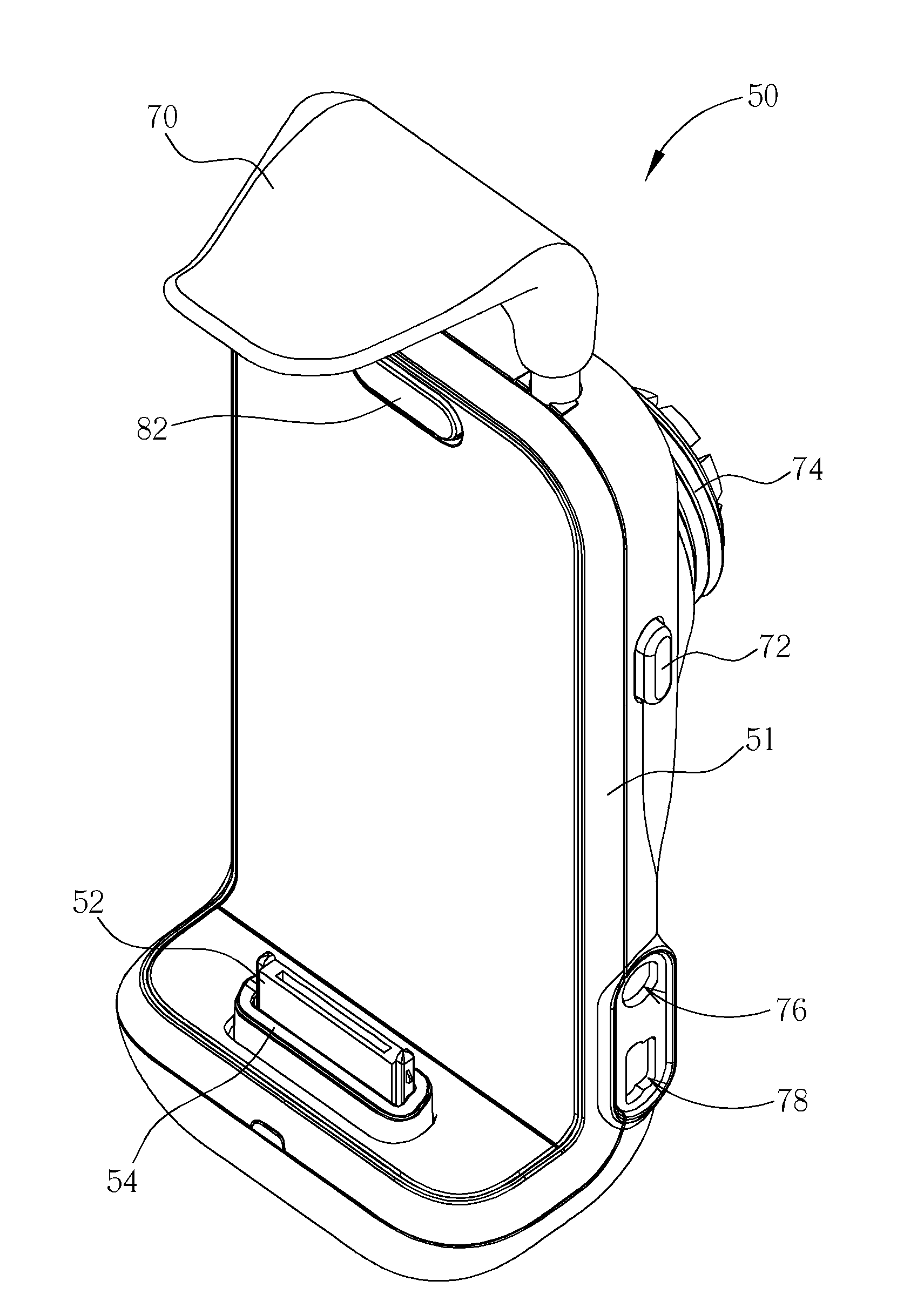 Mobile phone cradle with three-point retention of portable electronic device installed in the cradle