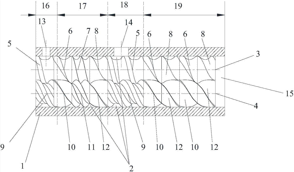 Co-rotating differential multi-screw extruding machine with gradually changing type thread number and machining method thereof