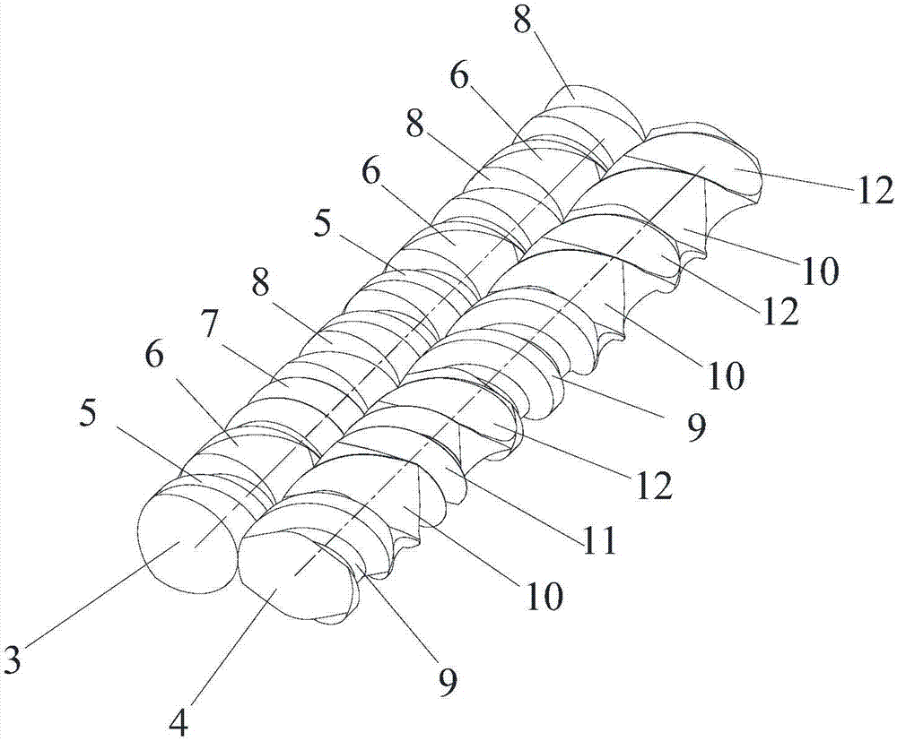 Co-rotating differential multi-screw extruding machine with gradually changing type thread number and machining method thereof