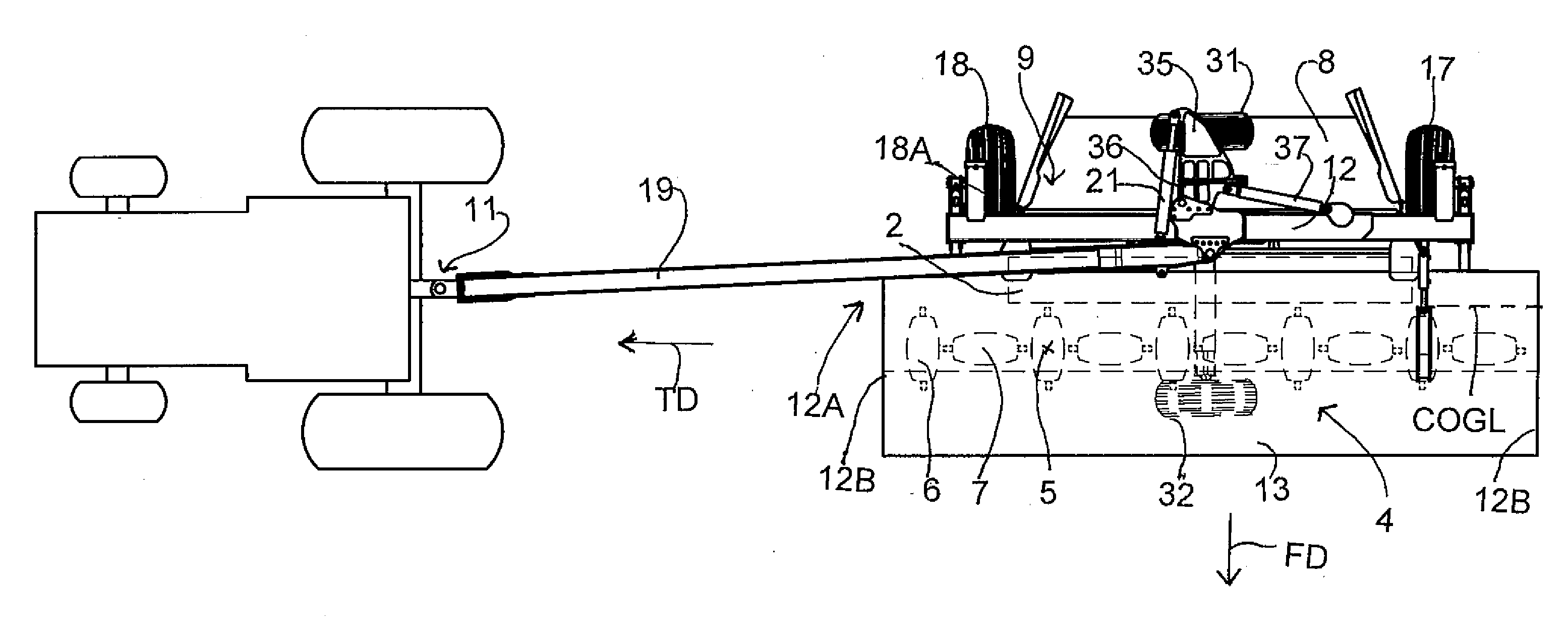 Pull-type crop harvesting machine transport system including a swath protection shield