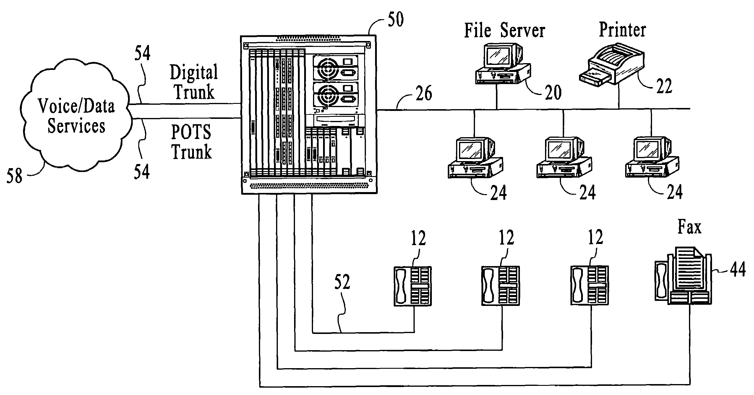 Systems and methods for voice and data communications including a network drop and insert interface for an external data routing resource